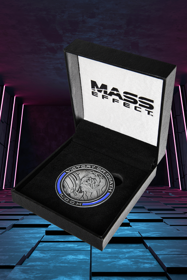 Image shows Mass Effect Rachni Wars Challenge Coin inside its open gift box with the Krogan warrior design facing up.  Product comes in a soft-padded display case and is made iwth zinc alloy with antique pewter finish and soft enamel accents.