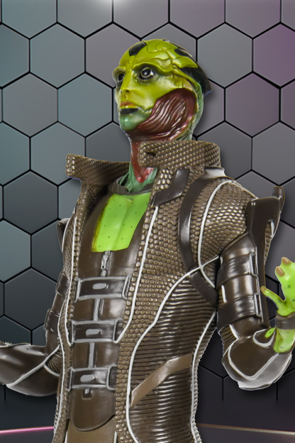 Image shows Thane Krios Statue zoomed in at the upper torso while facing at an angle. Trained by the Hanar since the age of 6 to be an assassin, it’s no surprise that Thane Krios gets rumored as one of the most (if not the most) skilled assassins in the galaxy. However, this Drell does not operate like a regular assassin. He’s ditched snipers and long-distance weapons to take his targets down up-close and personal. Stealthy, quick, and calculated, Thane Krios is the finest at what he does.