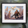 Image shows Dragon Age Varric Fine Art Print facing front. This fine art print captures Varric Tethras treading uncharted territory with a high dragon flying in the background.