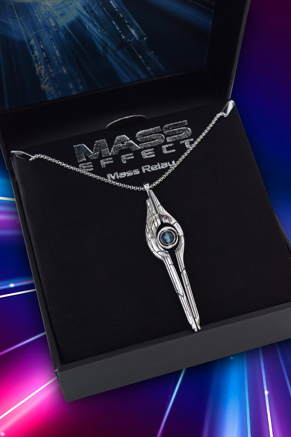 Image shows Mass Effect Mass Relay Pendant with the box opened showing the pendant inside. Pendant is made with handcrafted silver-plated brass. The chain is a durable rounded box chain in matching silver plated brass with a lobster clasp.
