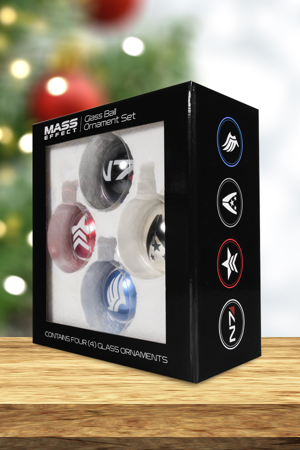 Image shows Mass Effect Glass Ball Ornament Set inside its box with the box facing at an angle. Get your holiday spirits up with these colorful glass ball ornaments that have traveled back in time to deck up your Christmas tree. And as you celebrate the holiday season with eggnogs and pies, don’t forget to raise a toast to your friends from the future.