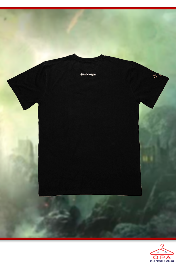 Image shows Dragon Age Solas Jawbone OPA Tee facing facing back. The tee is black and the back shows the Dragon Age logo under the neckline.