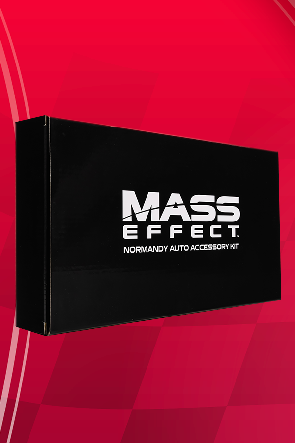 Image shows Mass Effect Normandy Auto Accessory Kit box standing up facing at an angle. The box is black with white text showing the Mass Effect logo and text saying "Normandy Auto Accessory Kit"