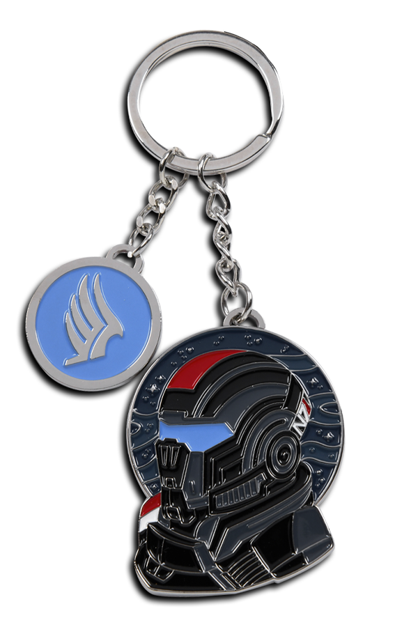 Image shows Mass Effect Shepard Morality Keychain facing front showing the 2-sided Morality Charm highlighting the paragon logo on a blue background. 
