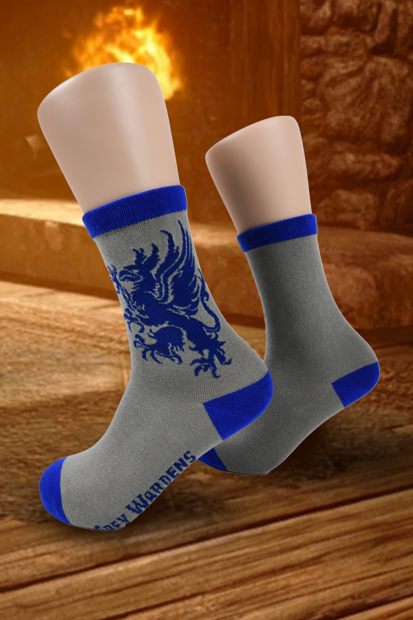 Image shows Dragon Age Grey Warden gray socks worn on mannequin feet. Product features the Grey Wardens logo and text.