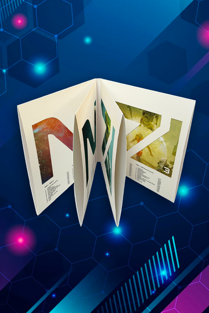 Image shows Mass Effect Vinyl Collection 4LP Tali Variant Box Set facing front, showing all 4 LP pocket jackets open. Product features a deluxe 4LP album set with a massive 85-track collection. 