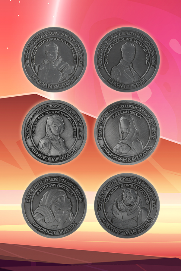 Image shows all 6 coins included in the Mass Effect Coin Album facing front. All coins are made of zinc alloy with nickel plating.