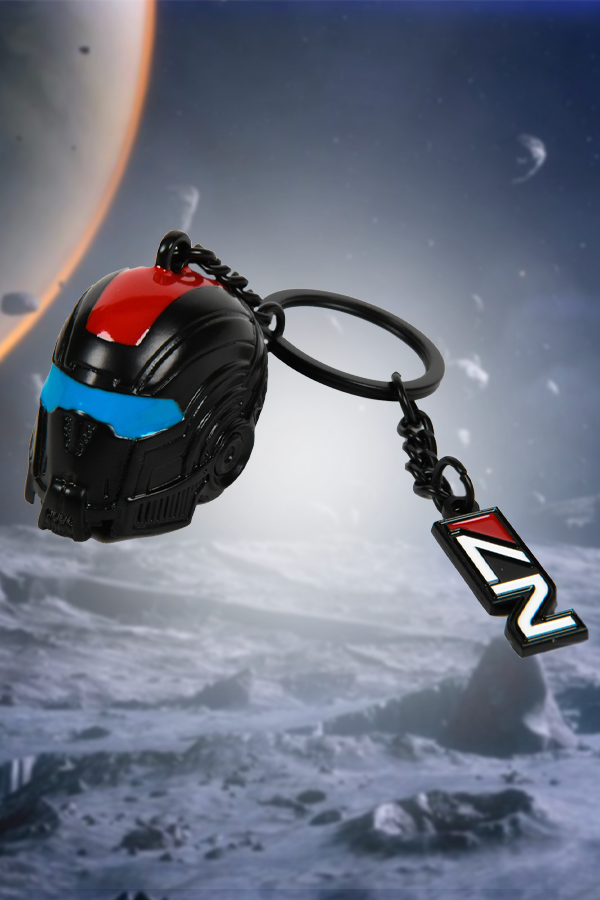 Image shows Mass Effect N7 Helmet Keychain facing at a left angle with the N7 logo charm laid flat at the right. A distinct piece of armor designed to augment damage from tech, biotics, and weapons of all kinds, Shepard’s breather helmet adds health and shield to their vitals.