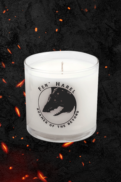 Image shows Dragon Age Fen Harel Scented Candle facing front. Product is in a 6oz. clear glass tumbler with the Fen Harel Print. Product features a 45 hour burn time with a 100% cotton wick.
