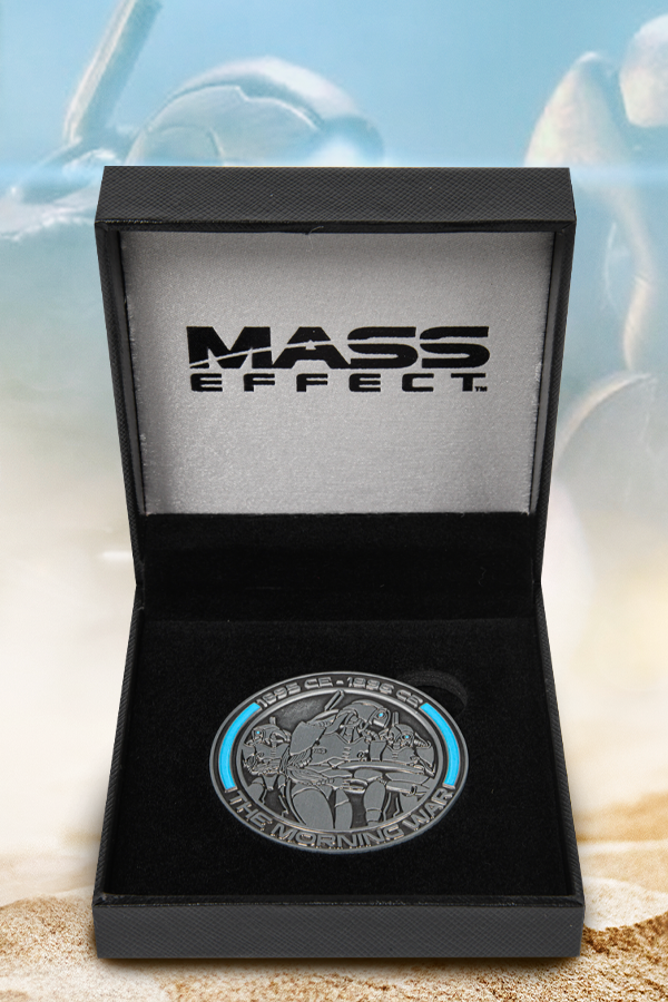 Image shows Mass Effect Morning War Challenge Coin inside its box. The Challenge Coin comes in a display box with velvet inner lining.