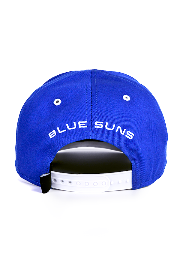 Image shows Mass Effect Blue Suns Hat facing back. Product features a "Blue Suns" embroidered in white at the back. 