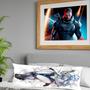 Image shows Mass Effect Liara Body Pillow laid flat on a bed.  Product is made with 100% polyester satin.