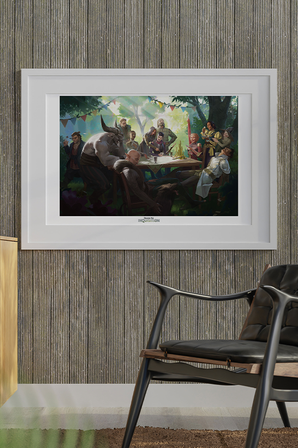 Image shows the Dragon Age First Day of Summer Lithograph hanging on a wall. Product features a 24" x 18" lithograph made with 100# white chorus art sil/matte aqueous coating.