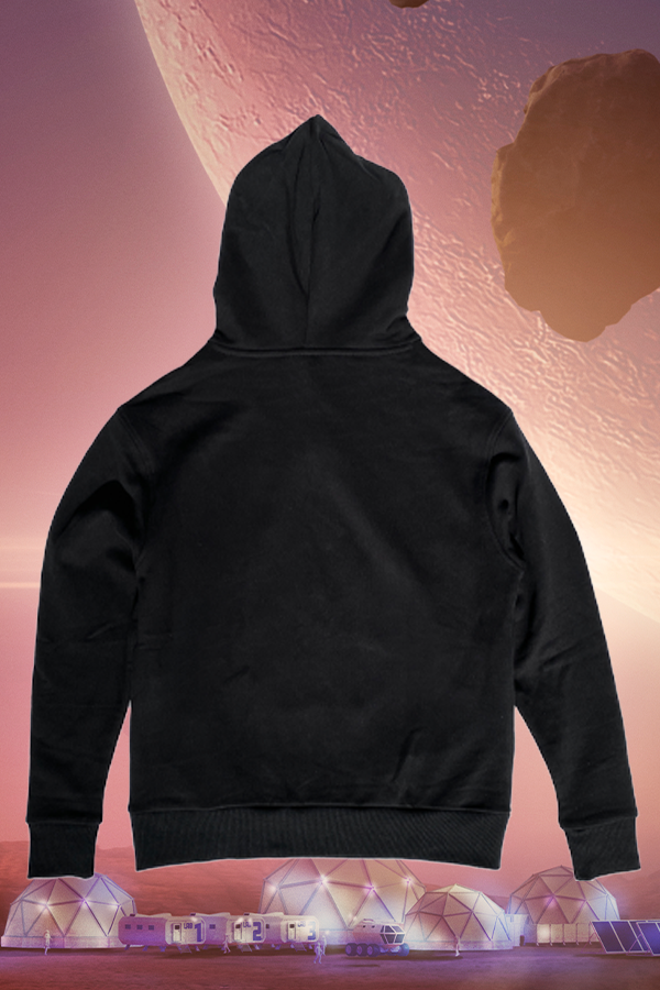 Image shows Mass Effect N7 Armour Hoodie facing back. Product is made with 80% cotton and 20% polyester fleece. 