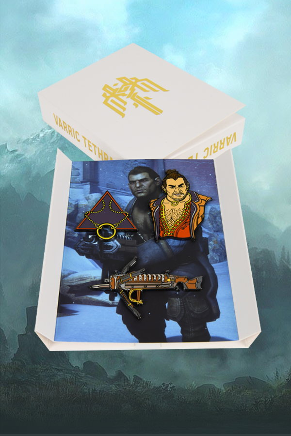 Image shows Dragon Age Varric Pin Set laid flat on a photo of Varric facing front. Product features soft enamel pins and comes in a custom backer card and box.