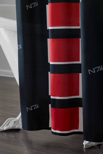 Image shows Mass Effect N7 Shower Curtain's lower part. Made using polyester microfiber, the curtain measures 71 x 72 inches. It comes with reinforced hems and sewn buttonholes. The black-colored fabric features the signature N7 red and white streaks digitally printed.