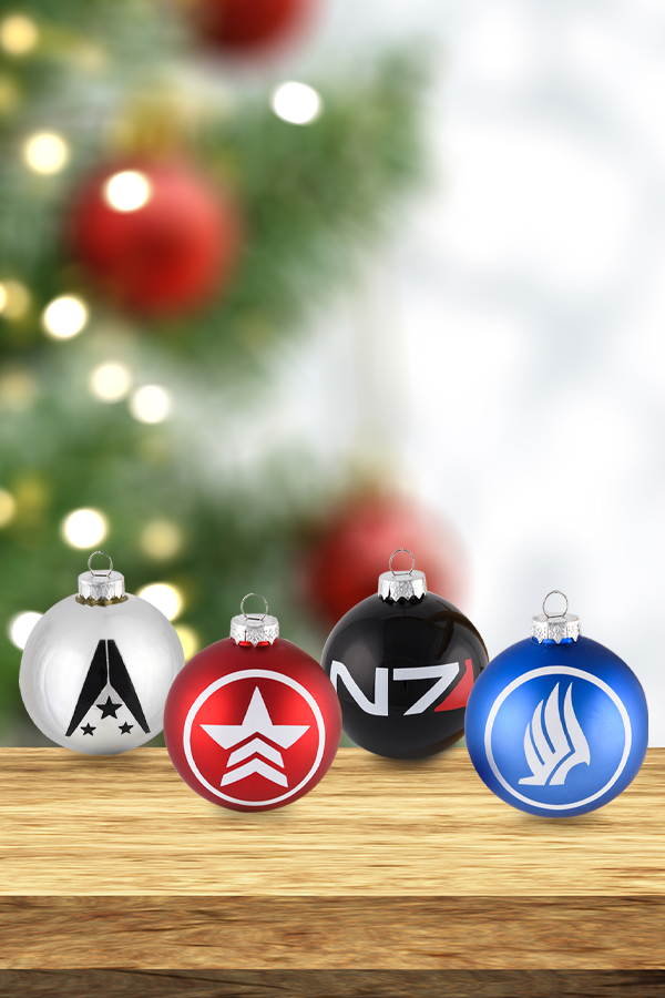 Image shows Mass Effect Glass Ball Ornament Set with all Glass Balls facing front. Add them to your Christmas tree or decor to make this holiday season’s celebrations truly out of this world. The ornament set comes in a neat Mass Effect branded box, making it a great early holiday present to a fellow Mass Effect fan.