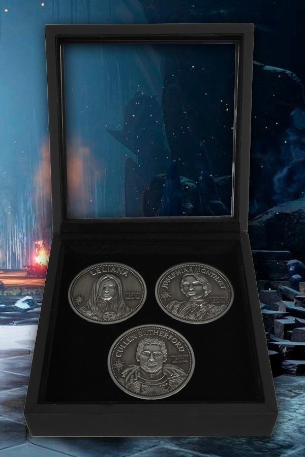 Image shows Dragon Age Three Advisors Coin Set with all coins inside the box. The box is a wooden display box with glass top. its measurements are 5.16" x 5.16" x 1.65"