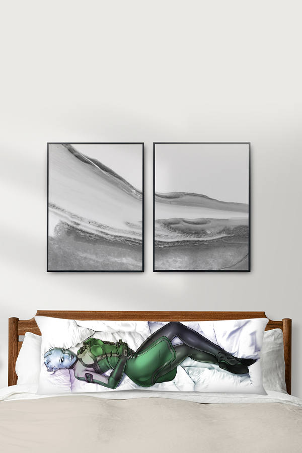  Image shows Mass Effect LIara Body Pillow laid flat infront of other pillows while facing front. Enough to make it feel like your Asari soulmate is right next to you. Colored and detailed to capture her enchanting beauty, this body pillow will have you dreaming of long evenings spent aboard the Normandy with your beloved.