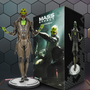 Image shows Thane Krios Statue standing up facing front beside the box that comes with the product. 