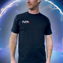 Image shows Mass Effect N7 3D Embroidered OPA T-Shirt worn by male model facing front at an angle. Product features a 3D N7 logo embroidery at the wearer's right chest and a Mass Effect logo tag at the left hem.