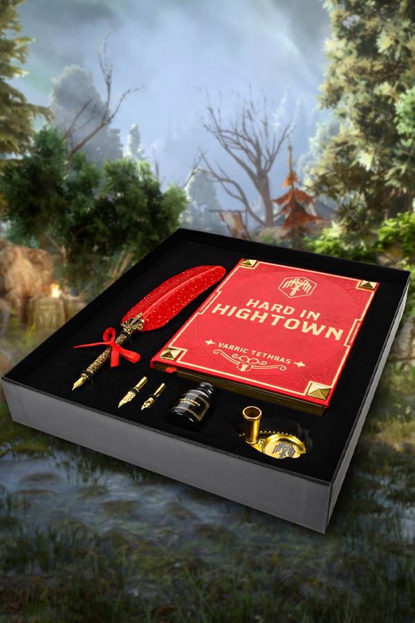 Image shows Dragon Age Varric Writing Box Essential Bundle with the gift box opened showing all items included with the bundle. Product features a feather pen, tips, ink and pen holder, ink and a journal. 