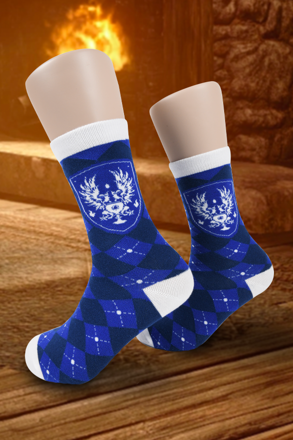 Image shows Dragon Age Grey Warden blue argyle socks worn on mannequin feet. Product features the Commander of the Grey logo.