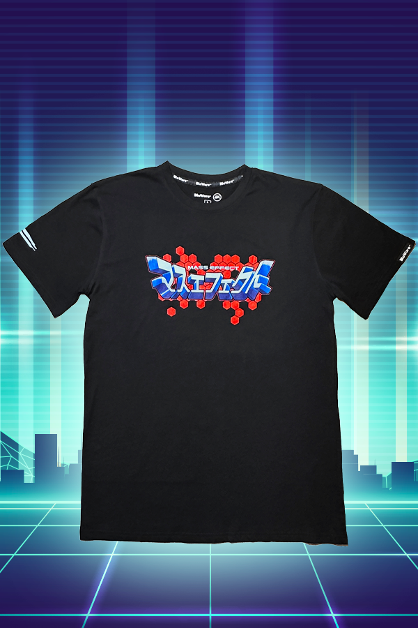 Image shows Mass Effect Japanese Logo Tee facing front. The tee is black with a chest print. The print features red hexagon modules with the Japanese version of the Mass Effect logo in 80’s retro style.