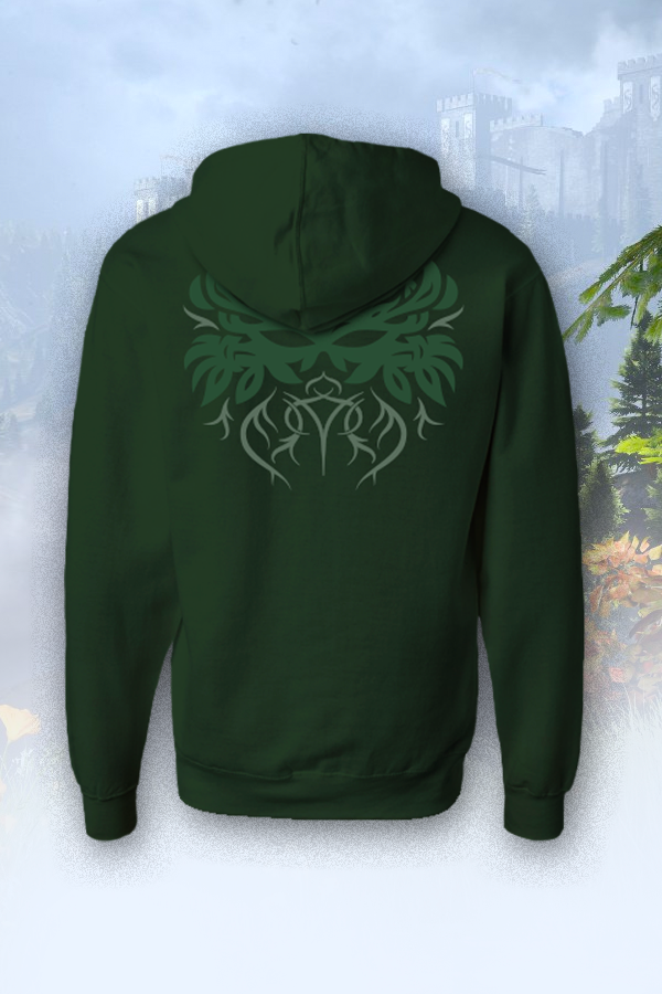 Image shows Dragon Age Dalish Hoodie facing back. Product is made with 65% cotton and 35% polyester. Product is tightly knit and soft-washed. 