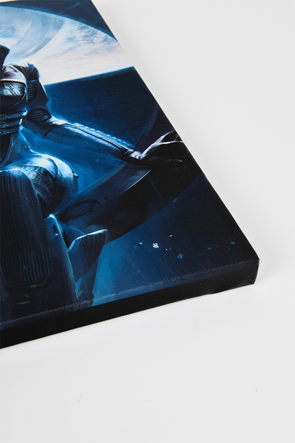 Image shows Mass Effect Tali Small Canvas Print laid flat zoomed in at its lower right. The canvas print is stretched over a wooden frame.