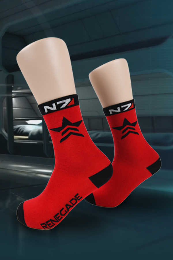 Image shows Renegade socks worn on mannequin feet. Renegade socks feature a red color and the Renegade logo and text printed on the socks.