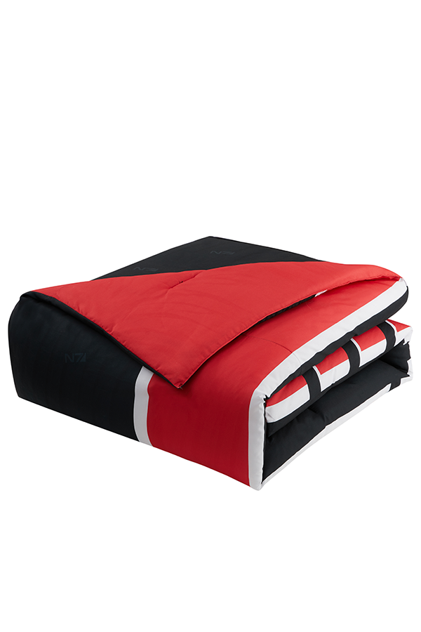 Image shows Mass Effect N7 Bed in a Bag comforter folded facing at an angle. The comforter is 100% polyester and 75 gsm micorfiber cover.