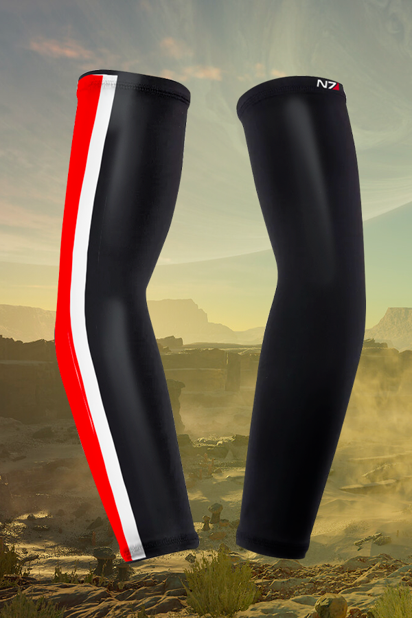 Image shows Mass Effect N7 Performance Sleeves facing front. Product features the N7 logo and N7 colors with a 16.5" length. Product comes in a pair both made with 85% polyester and 15% spandex.