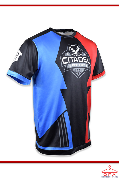Image shows Mass Effect eSport OPA Jersey facing at a left angle. Product is a unisex jersey tee that is perfect for workouts, sports, and other intense activities. 