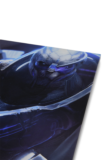Image shows Mass Effect Archangel Small Canvas Print lying down facing at an angle. Canvas print features Garrus Vakkarian, a turian, who is formerly a part of C-Sec's investigation division.