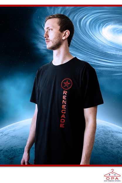 Image shows Mass Effect True Renegade OPA Tee worn by male model facing at an angle. Product features a left chest logo embroidery with a front "Renegade" screen print. 