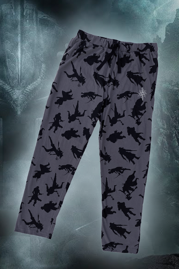Image shows Dragon Age Companions Pajama Set's pants facing front. The pants is gray with all of the companion's silhouettes printed all over in black.