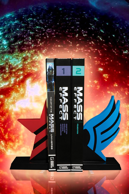 Image shows Mass Effect Paragon and Renegade Bookends standing up facing front while pressing three books in between them. Product comes with a certificate of authenticity.