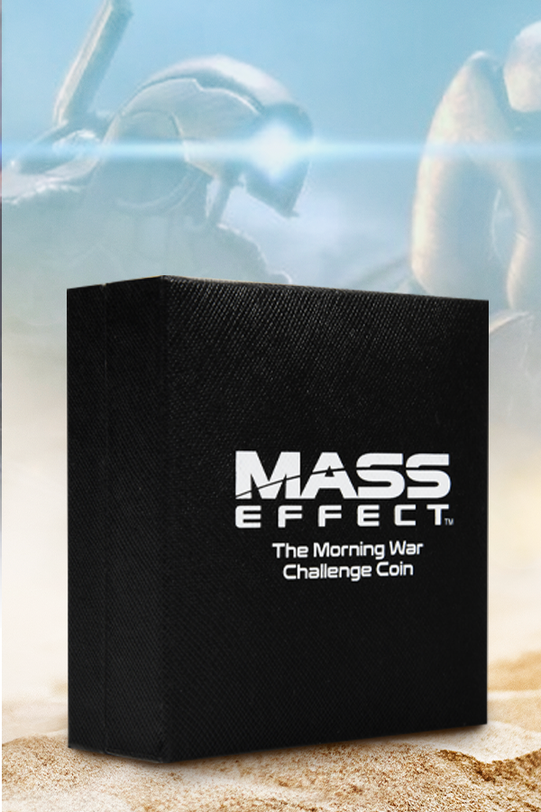 Image shows Mass Effect Morning War Challenge Coin's Box standing up facing front. The box is black with white text. The box is a velvet-lined display box.