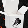 Image shows Dragon Age Fen Harel Scented Candle in its box facing front. Product comes in a customer-printed Fen Harel white box. Candle scent features sandalwood/myrrh/oak or a musky scent.