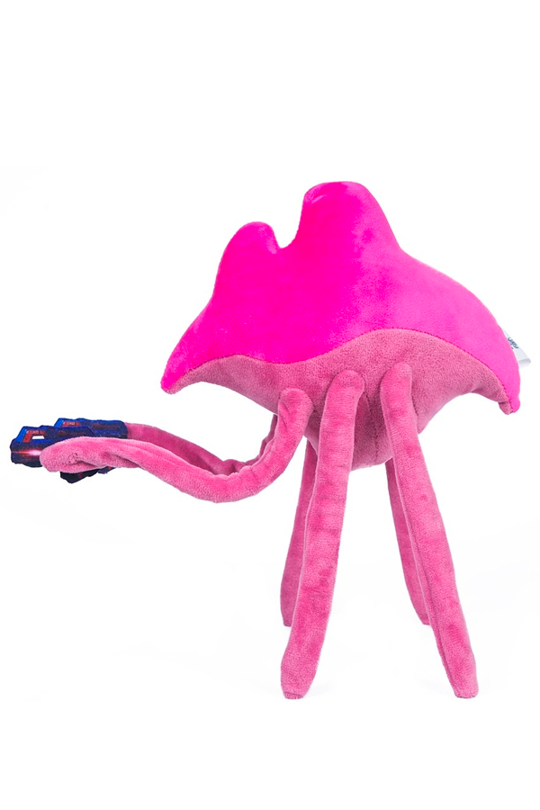 Image shows Mass Effect Blasto Plush facing at a left angle. Product has 3 tentacles on each side. Blasto is a Hanar (species that resembles the Earth's jellyfish and are one of the few non-bipedal Citadel races}. 