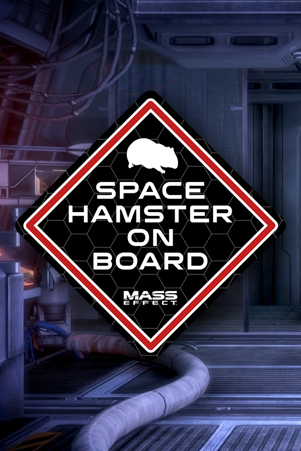 Image shows Mass Effect Space Hamster on Board Vinyl Sticker facing front. The diamond-shaped sticker is die cut and measures 4.5” x 4.5”. It features the words “Space hamster on board”. The bright vinyl decal stands out with its orange outline and the bright white text over the black background.