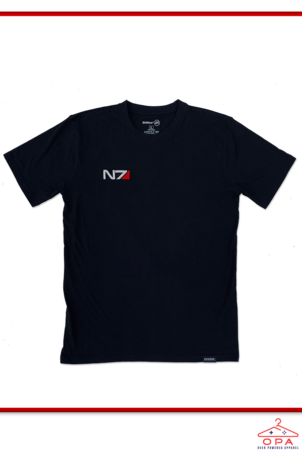 Image shows Mass Effect N7 3D Embroidered OPA T-Shirt facing front. We understand that donning a heavy exoskeleton like the N7 armor can wear you down (no pun intended). And a hardsuit with ablative ceramic plating and kinetic padding wouldn’t make any sense for Earthly temperatures and the climatic conditions you’d be exposed to during that evening walk with the dog or a trip to the cafe. That’s why we created this N7 3D Embroidered OPA T-Shirt. 