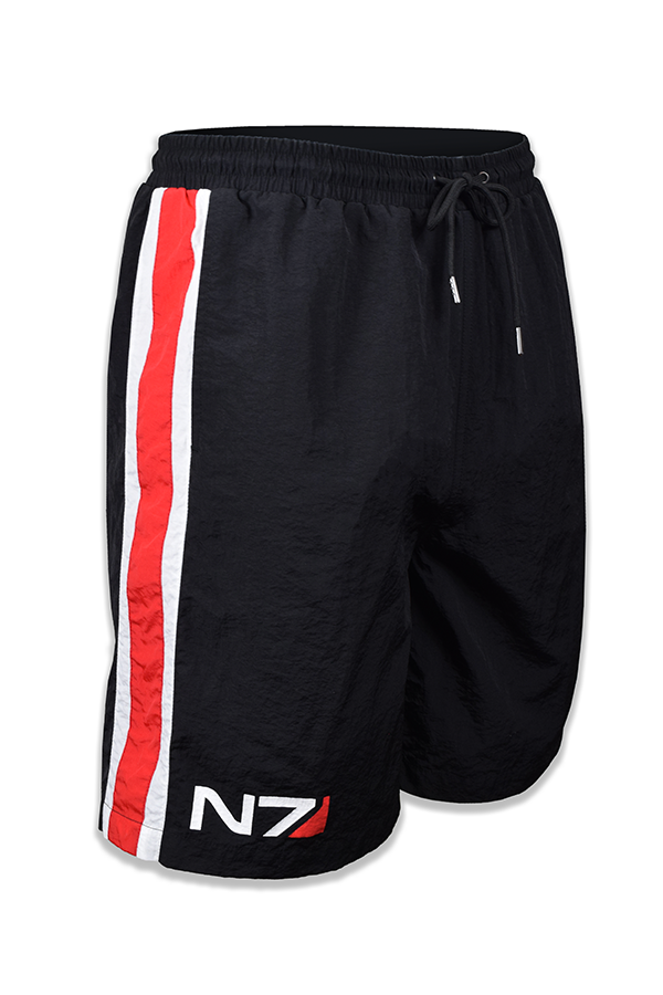 Image shows Mass Effect N7 Active Shorts facing front at an angle. Product features N7 logo and stripe detail along wearer's right side.
