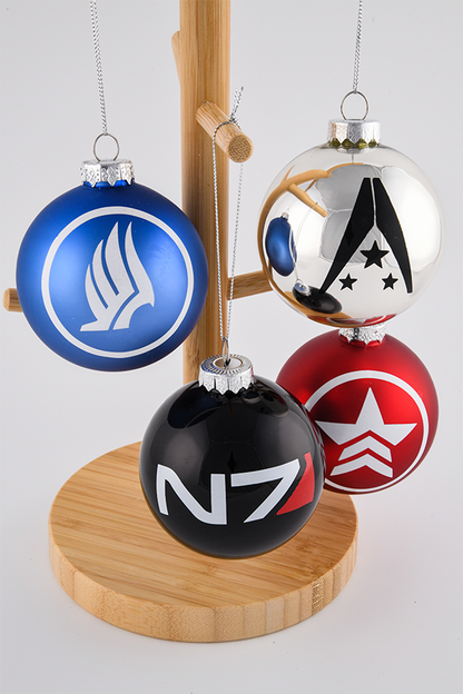 Image shows Mass Effect Glass Ball Ornament Set with all the balls hanging facing front. All glass balls are 3" in diameter and made of glass.
