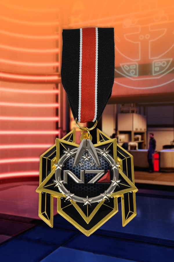 Image shows N7 Premium Box's N7 Medal facing front. The medal is made of zinc alloy with imitation gold and nickel plating, fabric strip with a metal clip attachment on the back. N7 is a vocational code in the Systems Alliance military. The "N" designates special forces and the "7" refers to the highest level of proficiency. It applies to Alliance personnel who have graduated from the Interplanetary Combatives Training (ICT) program.