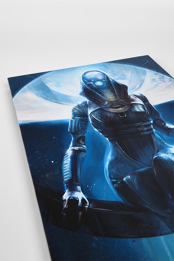 Image shows Mass Effect Tali Small Canvas Print laid flat at an angle. Artwork depicts Mass Effect's Tali'zorah nar Rayya. Canvas print includes hanging hardware.