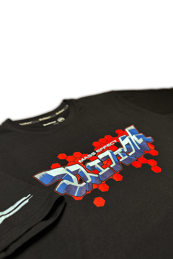 Image shows Mass Effect Japanese Logo Tee laid flat zoomed in at the chest print. 