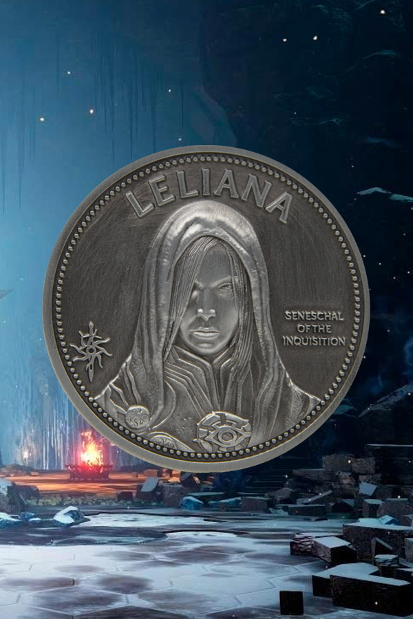 Image shows Dragon Age Three Advisors Coin Set's Leliana Coin facing front. Leliana is an Orlesian bard who came to the village of Lothering to become a Lay Sister of the Chantry. In Dragon Age: Origins, Leliana is a possible companion and a romance option for either male or female Warden. She can also teach the bard specialization. In the Leliana's Song DLC, she is the player-controlled protagonist. In Dragon Age: Inquisition, she serves as the Inquisition's spymaster and as an advisor to the Inquisitor.