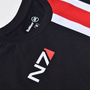 Image shows Mass Effect N7 Dress zoomed in at the collar. Product features red and white vertical stripes at the left side made with water-based ink that does not bleed or fade. 